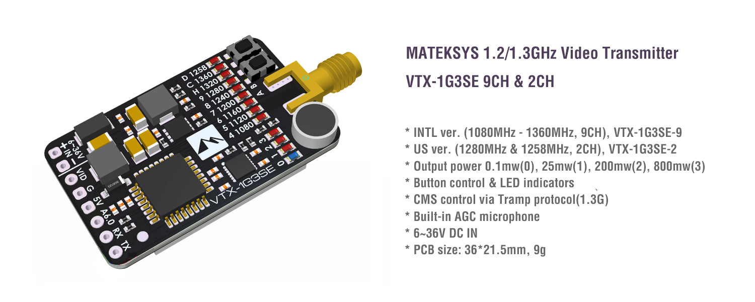 Matek 1.2/1.3Ghz Video Transmitter VTX-1G3-SE-9 International Version